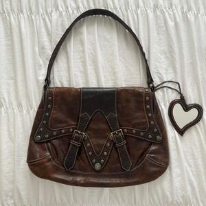 ROBERTO CAVALLI Brown Western Glam Leather Boho Turquoise Studded Structured Bag